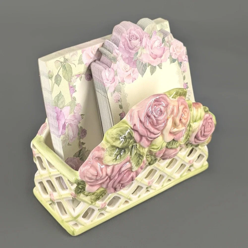 Lady Jayne Ltd Ceramic Rose Lattice Basket Stationery Set Pink Floral